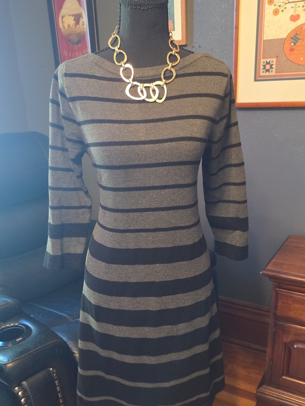 AGB Gray and Black Striped Long Sleeve Knit Dress SIZE M